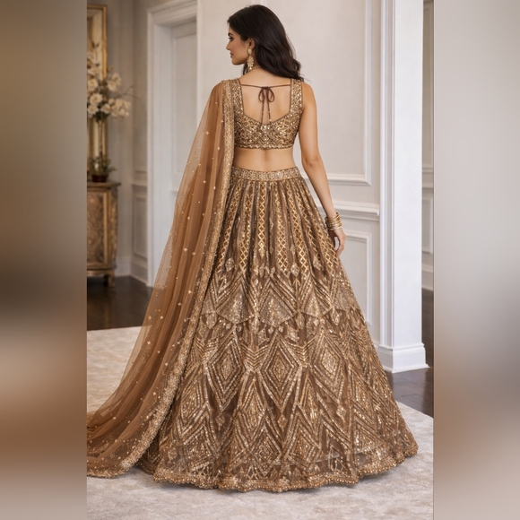 Golden Brown Net Embroidered Lehenga Choli - Picture 3 of 13